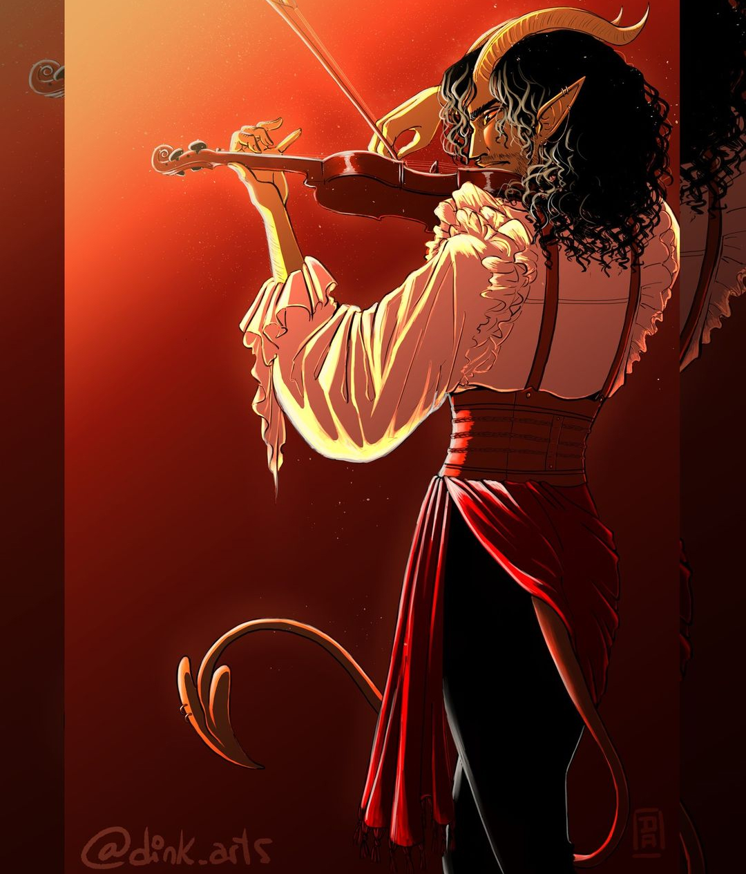 a bard tiefling playing a violin