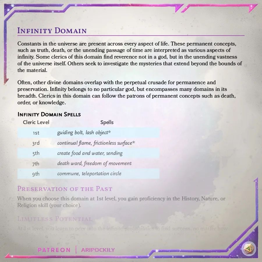 The info of the subclass to cleric infinity domain