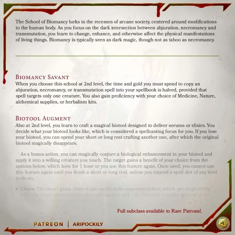 The info of the subclass to wizards biomancer